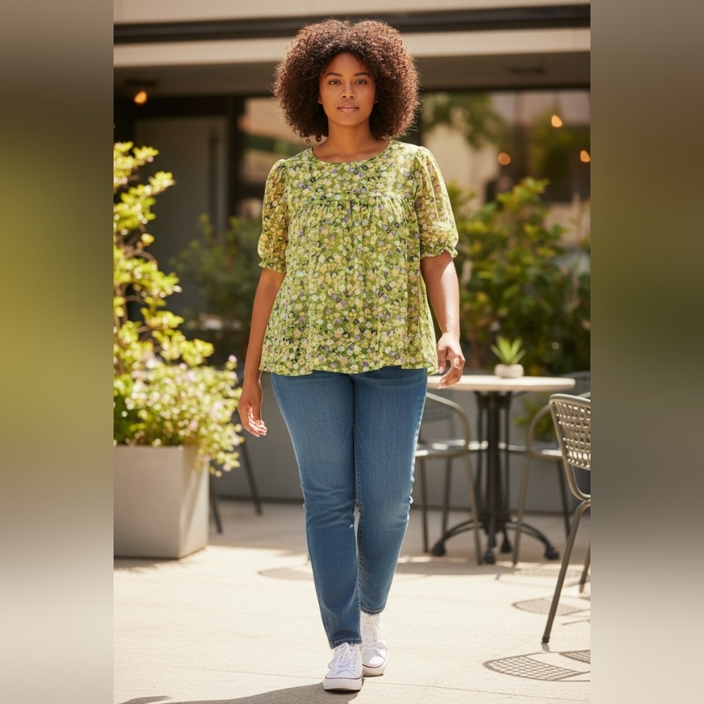 Modcloth Green Floral Short Sleeve Peasant Shirt Top Women's Plus Size 2X - Picture 2 of 10